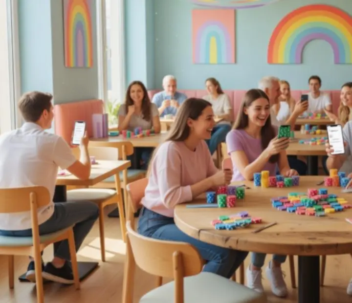 Világos, színes éttermi és kártyaszalon enteriőr pókerasztalokkal
